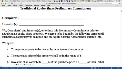 Co-Ownership Equity Sharing Preliminary Commitment Form