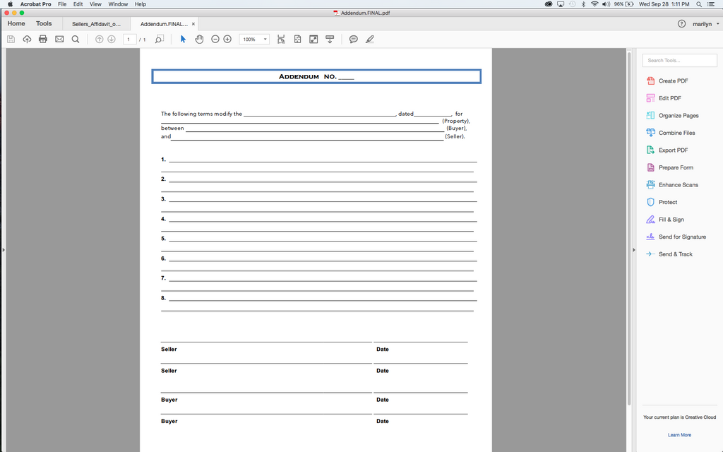 California Form Addendum to Residential Purchase Agreement