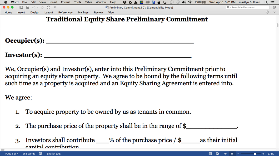 Co-Ownership Equity Sharing Preliminary Commitment Form