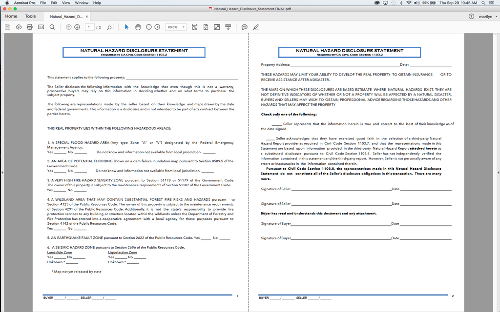 Downloadable form California Natural Hazard Disclosure Statement